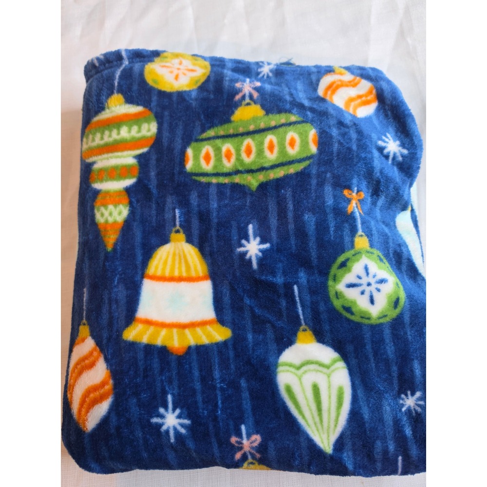 Merry Moments Christmas Ornament Plush Throw Blanket Blue 50x60 Holiday Decor